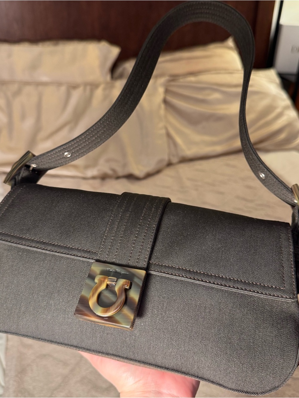 Salvatore Ferragamo Gancini Tortoiseshell Clasp Brown Denim 90s Baguette vintage